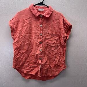 Just Living Women's Orange Coral Short Sleeve Button Up Gauze Blouse Size M